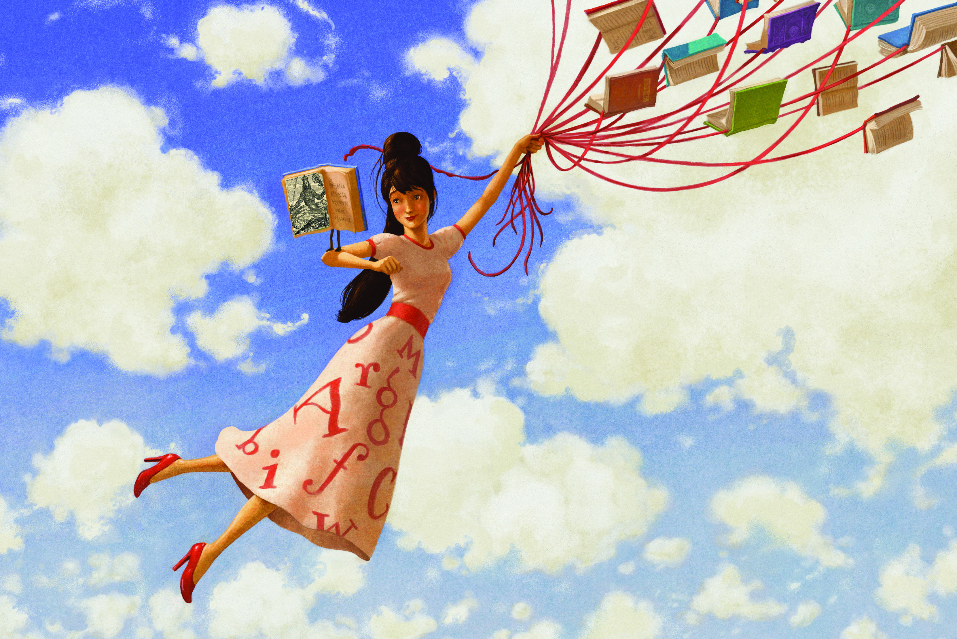 В голове иллюстрации как мы полетим. Девушка летит. Летающие книги. Девушка летает. Девочка летает.