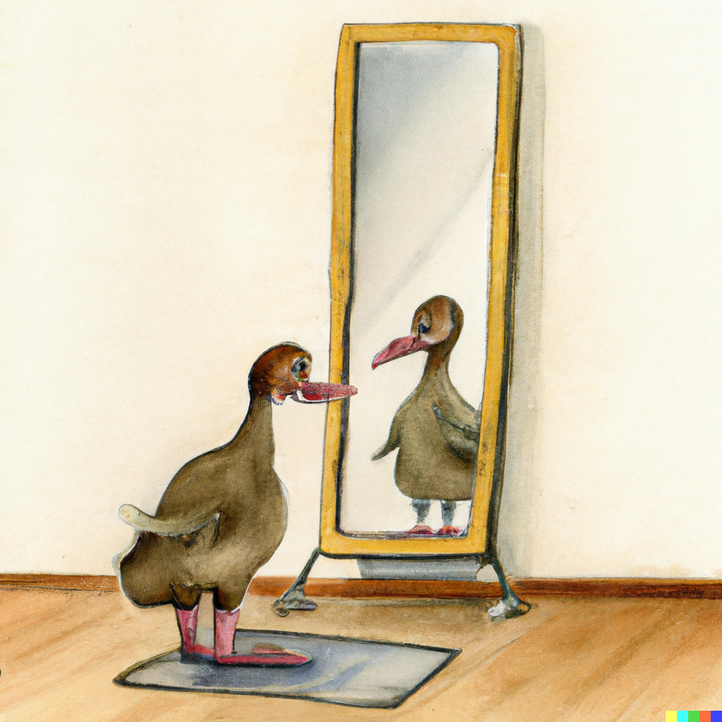 DALL·E 2022-10-27 14.54.01 - A duck standing on the floor, looking at its own relfection in a wall-mounted mirror. Watercolor..png