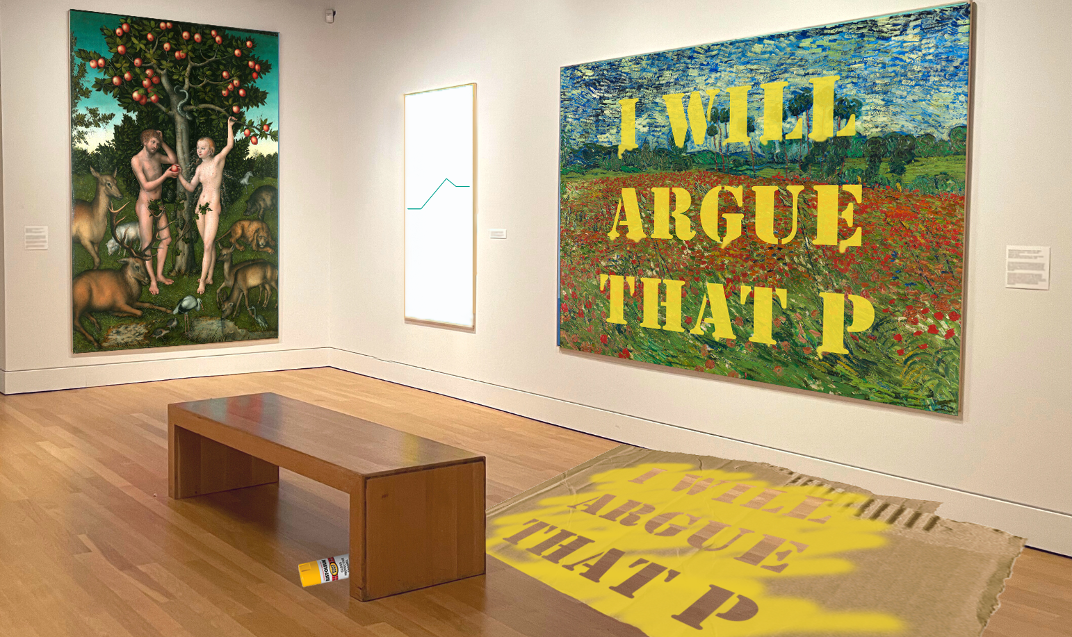 Art gallery displaying a painting of Adam and Eve, a painting of Freytag's Triangle, and a vandalized painting of Van Gogh's field of poppies, with the words "I will argue that P" spraypainted onto it with a stencil