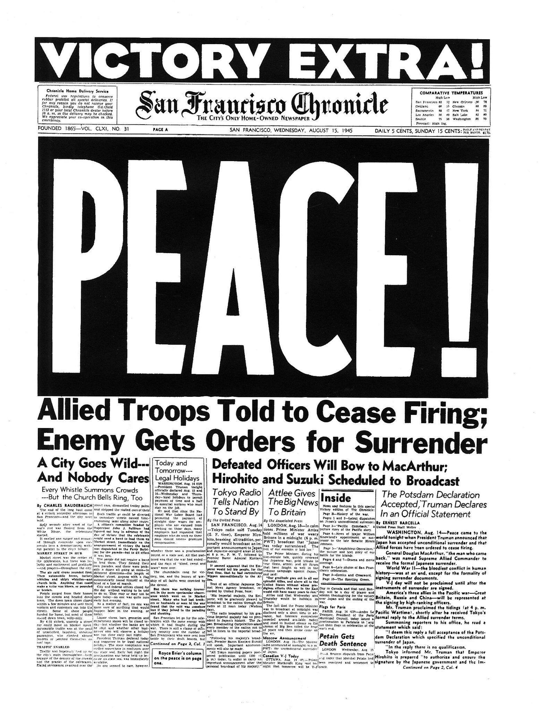 San Francisco Chronicle's end of World War 2 headline that says Peace
